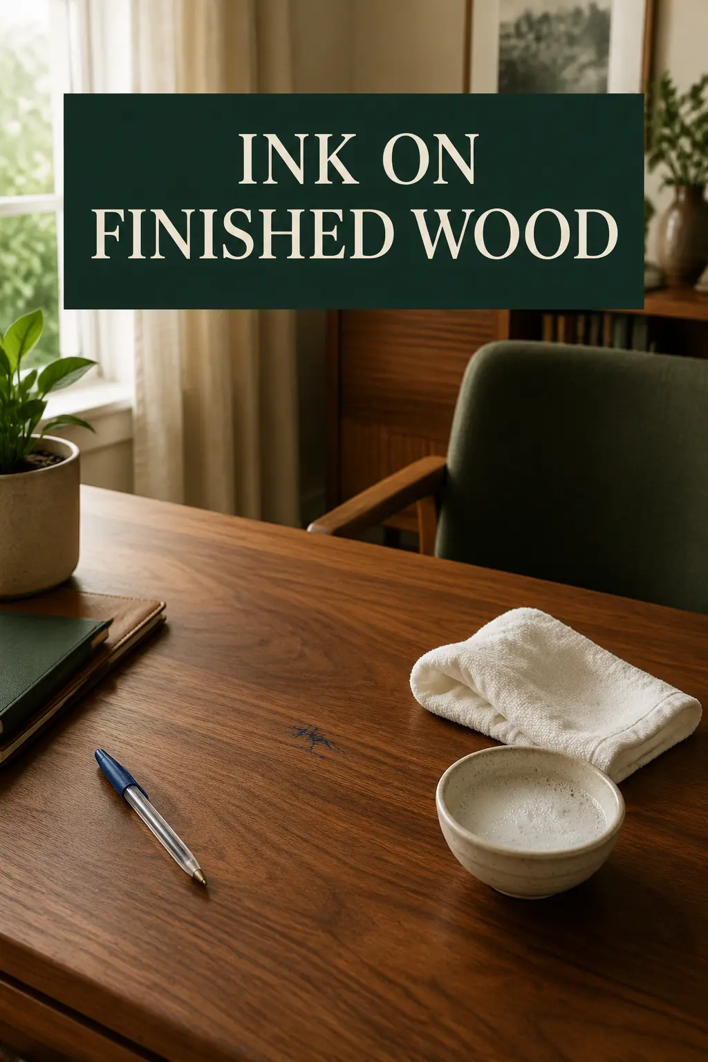 A small blue ballpoint ink mark being cleaned from a finished wood desk in a warm American home office