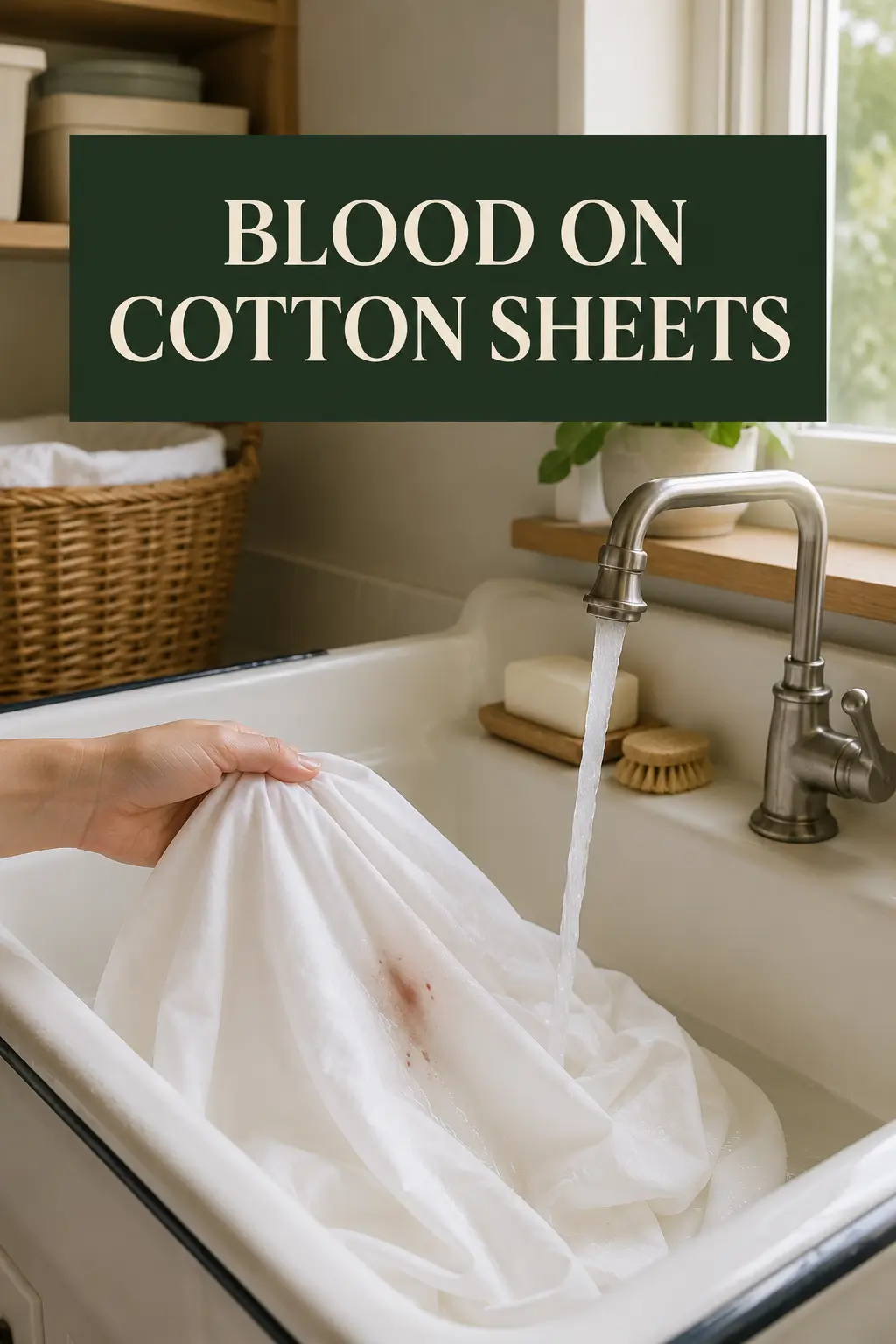 White cotton sheets being rinsed with cold water over a laundry sink in an American home
