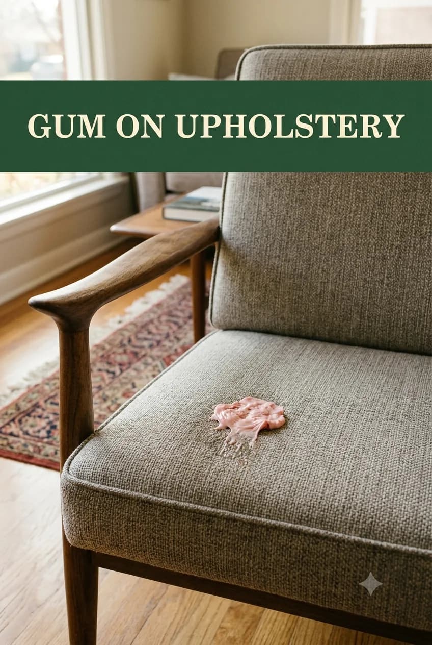 A wad of pink chewing gum pressed into the woven grey seat cushion of a mid-century armchair