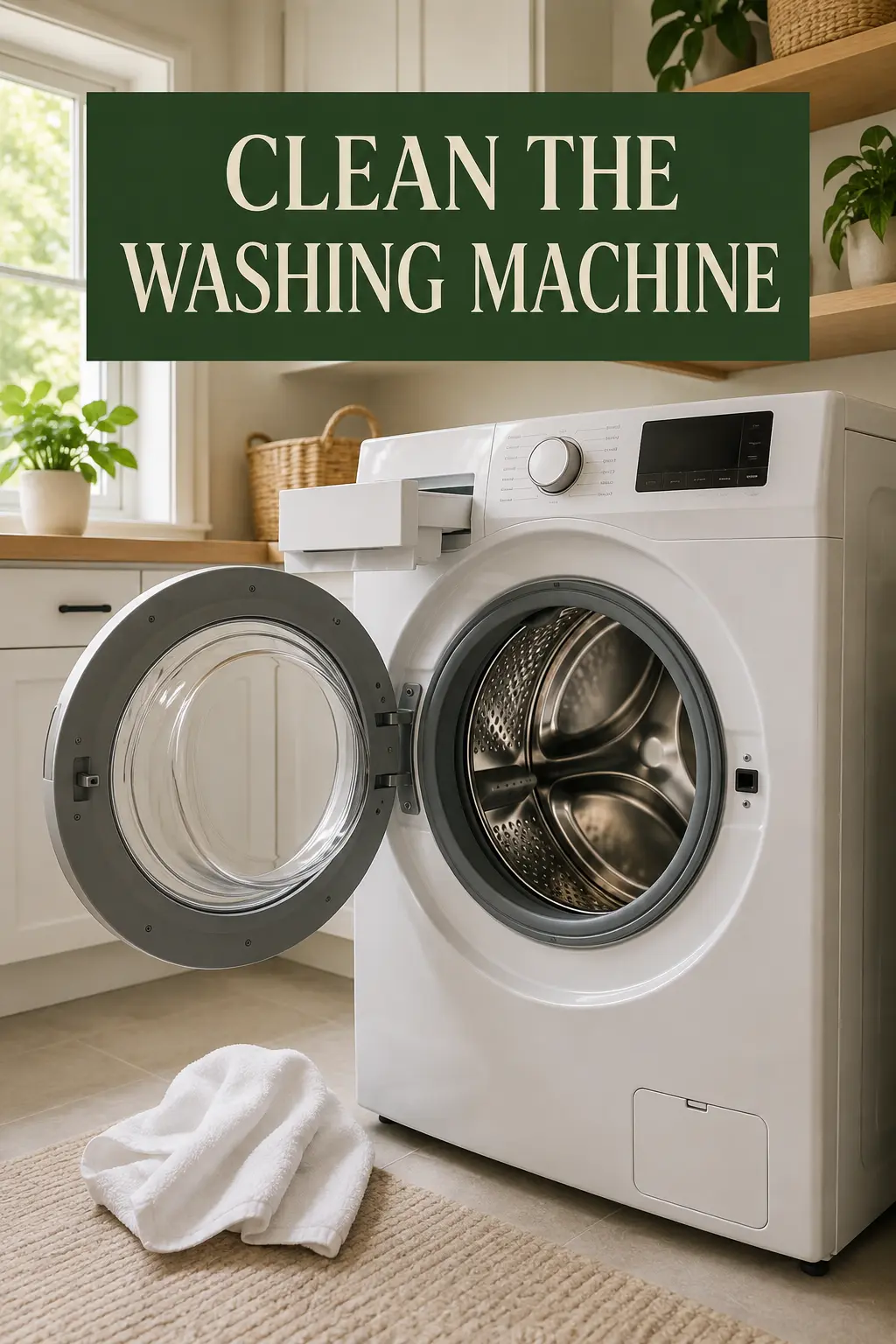 An empty front-loading washing machine prepared for self-cleaning in a bright American laundry room