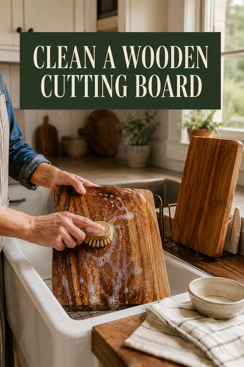 A wooden cutting board being hand-washed at an apron-front sink in a warm American kitchen