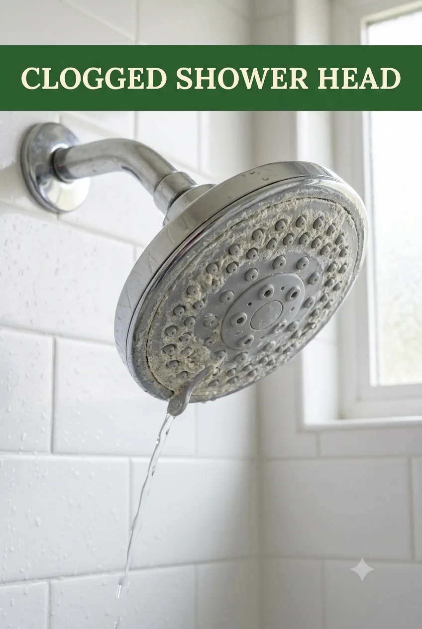 Chalky white limescale crusting the rubber nozzles of a polished chrome shower head in a North American bathroom
