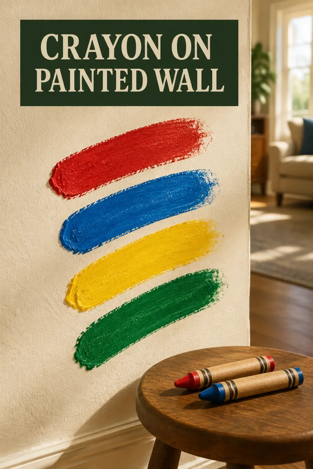 Colorful crayon marks being gently cleaned from a light painted wall in an American family room