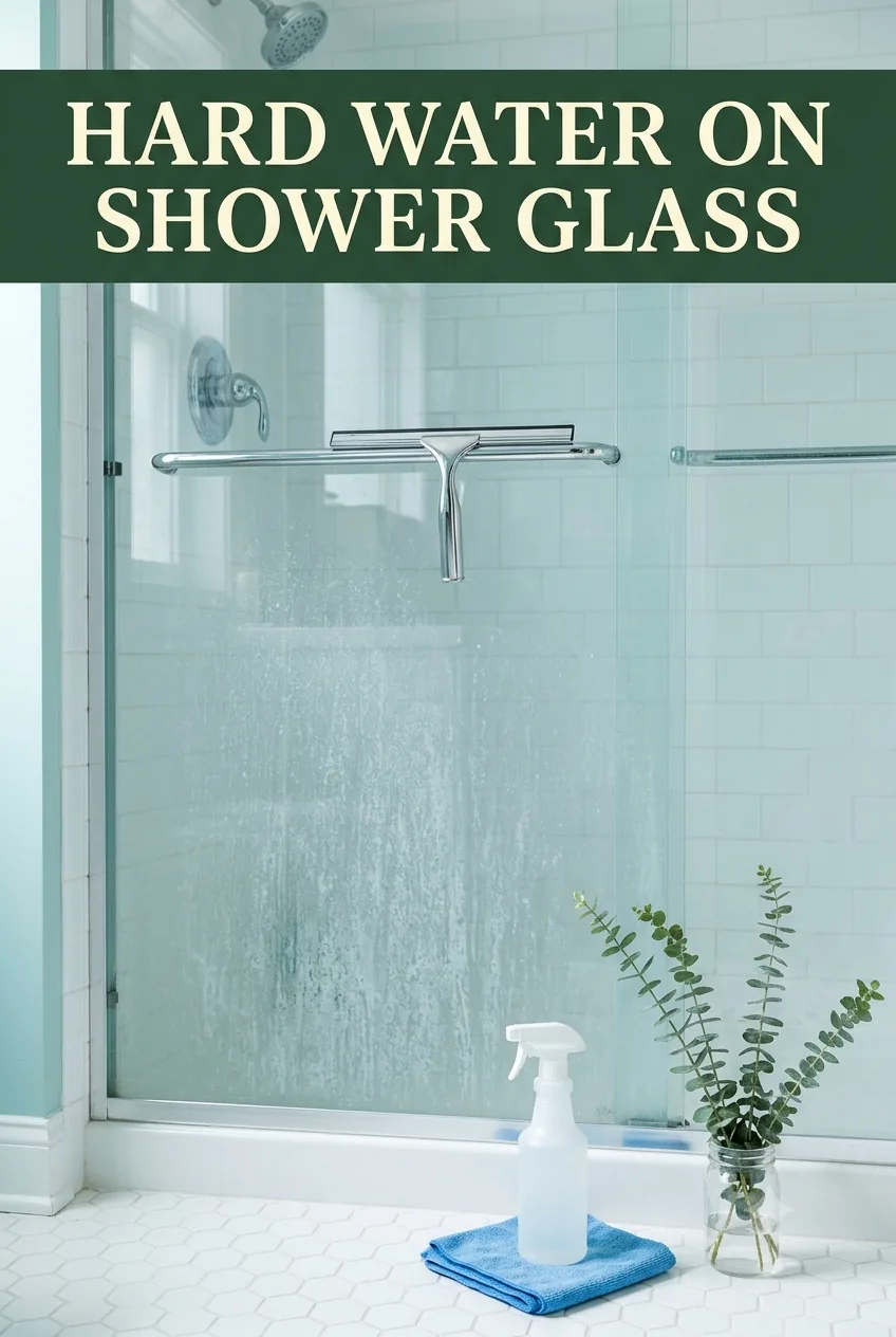 A glass shower door clouded with hard-water film, a squeegee on the handle and cleaning supplies on the hex-tile floor