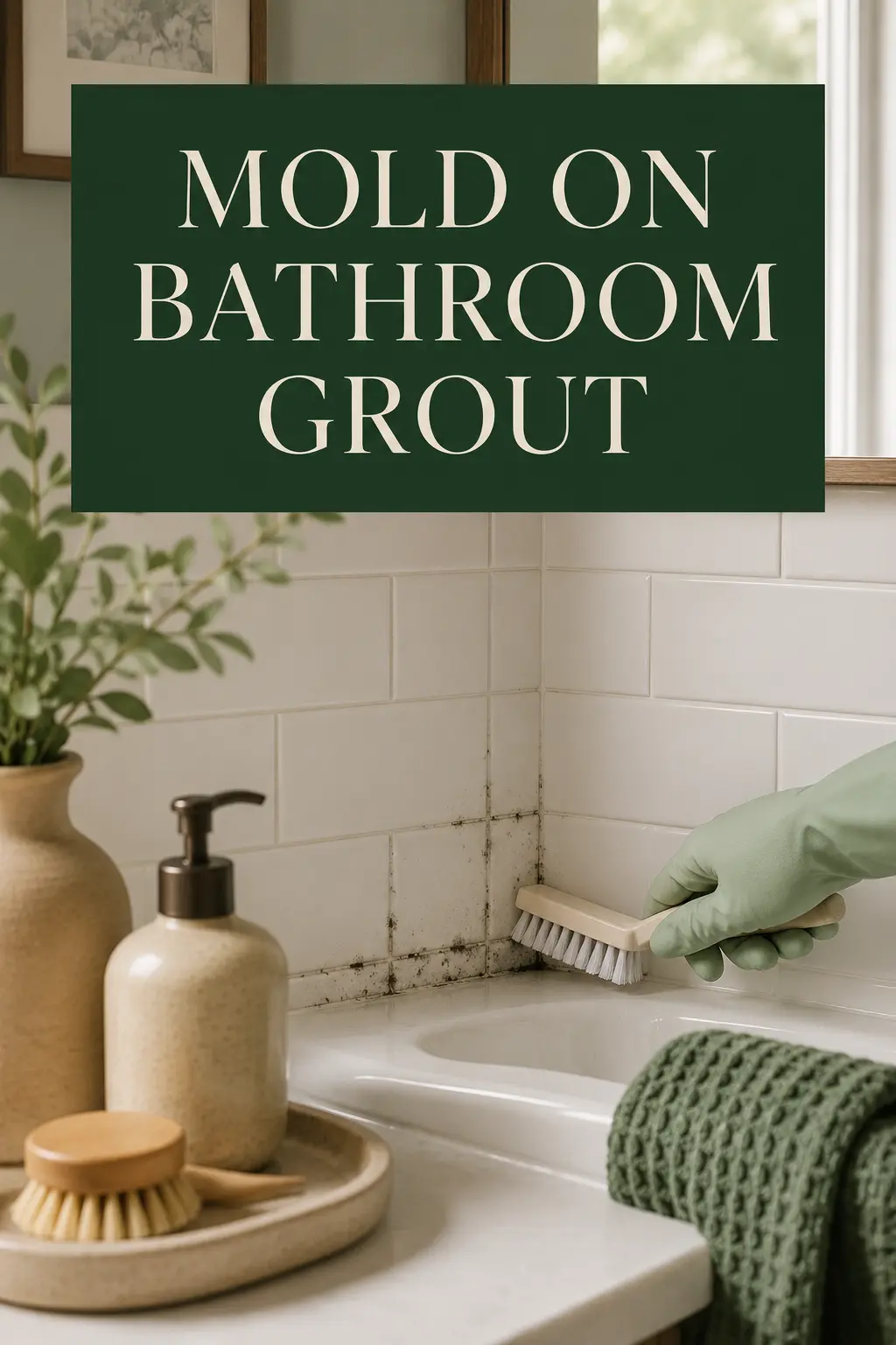Dark mold spots on white bathroom tile grout beside cleaning gloves in a modern American bathroom