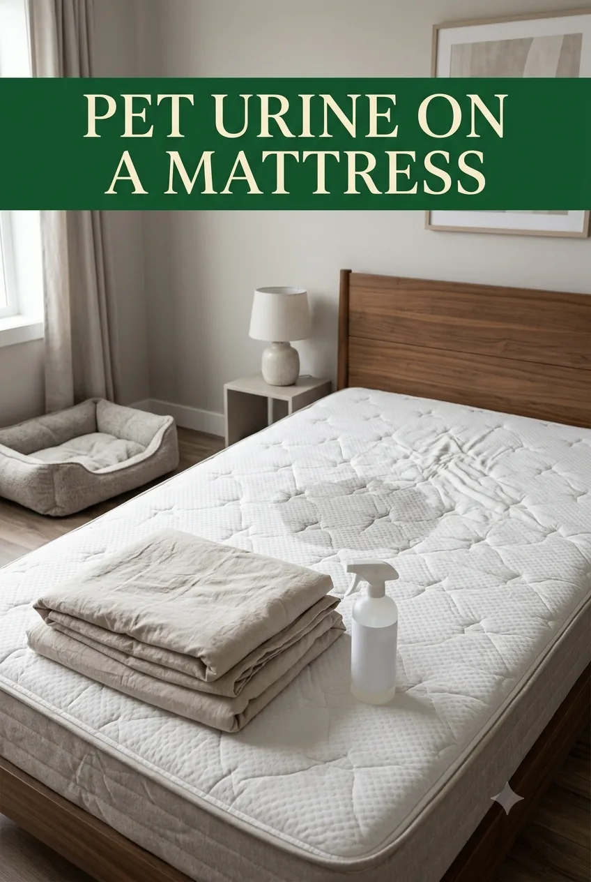A stripped queen mattress with a faint damp patch, a walnut headboard and a dog bed in a calm bedroom