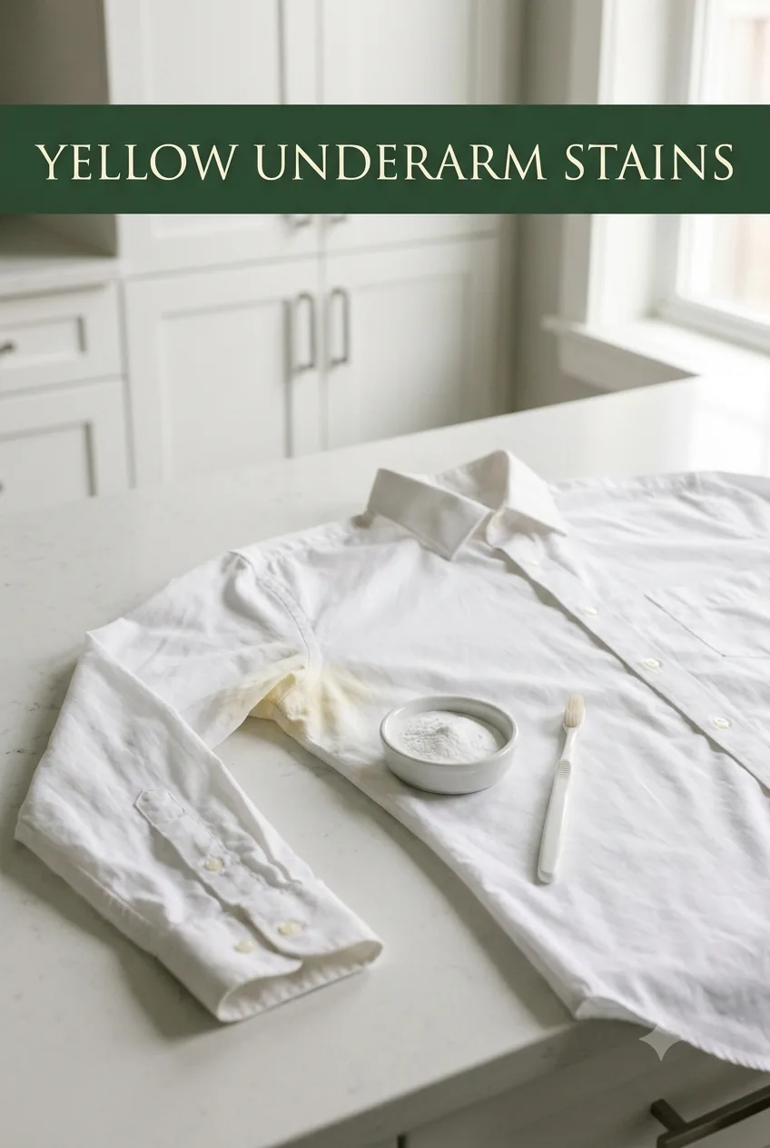 A white dress shirt with a faint yellow underarm stain beside a dish of powder and a toothbrush