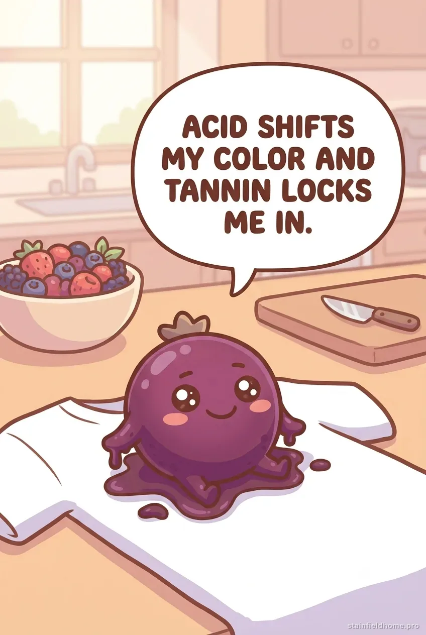 A cute cartoon purple berry-juice splash character on a white t-shirt in a chibi kitchen scene