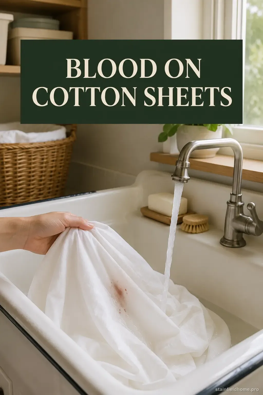 White cotton sheets being rinsed with cold water over a laundry sink in an American home