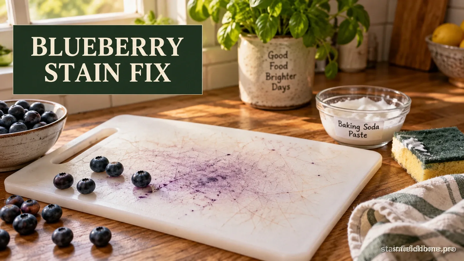 A white plastic cutting board with a purple blueberry stain worked into its knife grooves, fresh blueberries and a bowl of baking soda paste nearby
