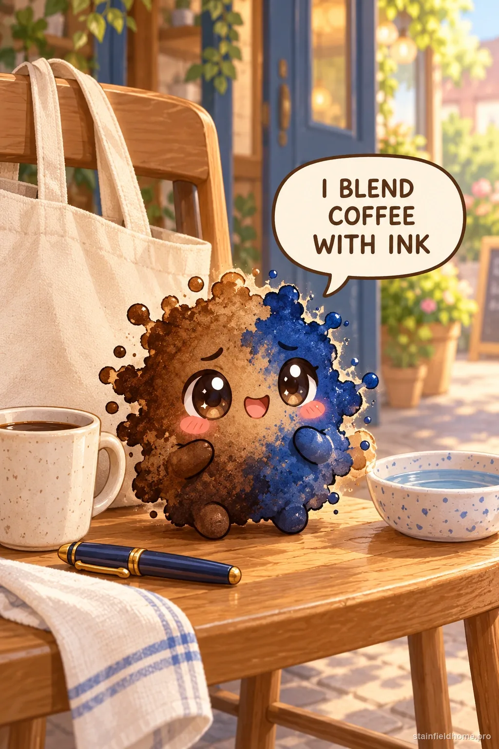 A chibi ink and coffee character in an illustrated scene about canvas tote bag.