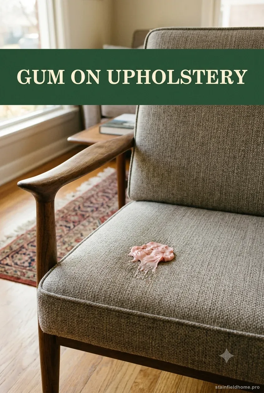 A wad of pink chewing gum pressed into the woven grey seat cushion of a mid-century armchair