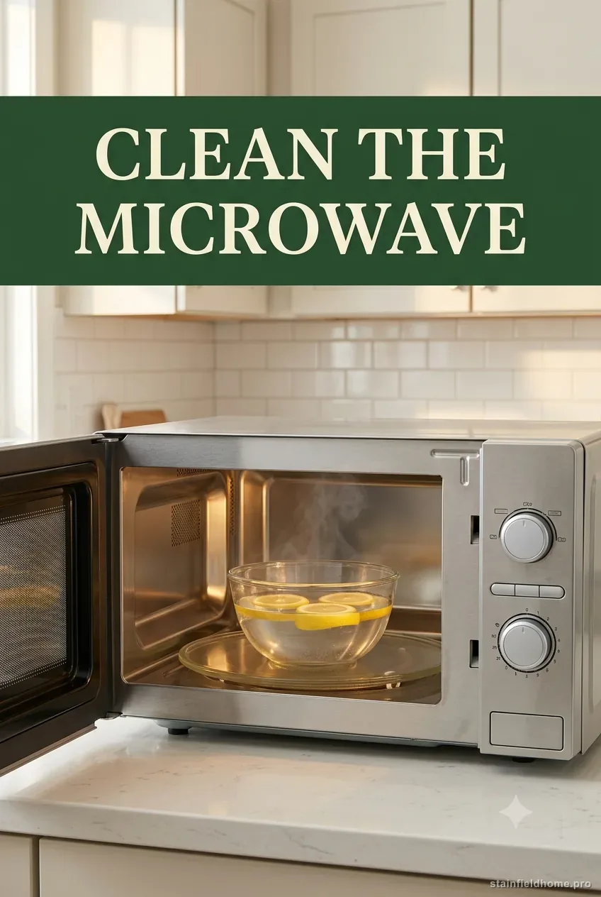 An open stainless countertop microwave with a bowl of lemon water steaming on the turntable in a North American kitchen