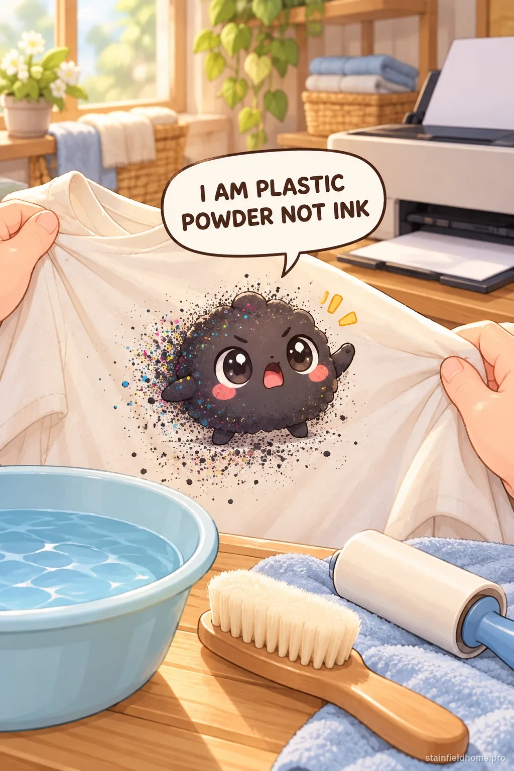 A chibi printer toner character in an illustrated scene about washable clothing.