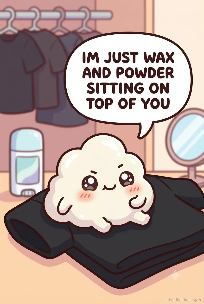 A cute cartoon white deodorant-smear character on the underarm of a folded black shirt in a chibi closet