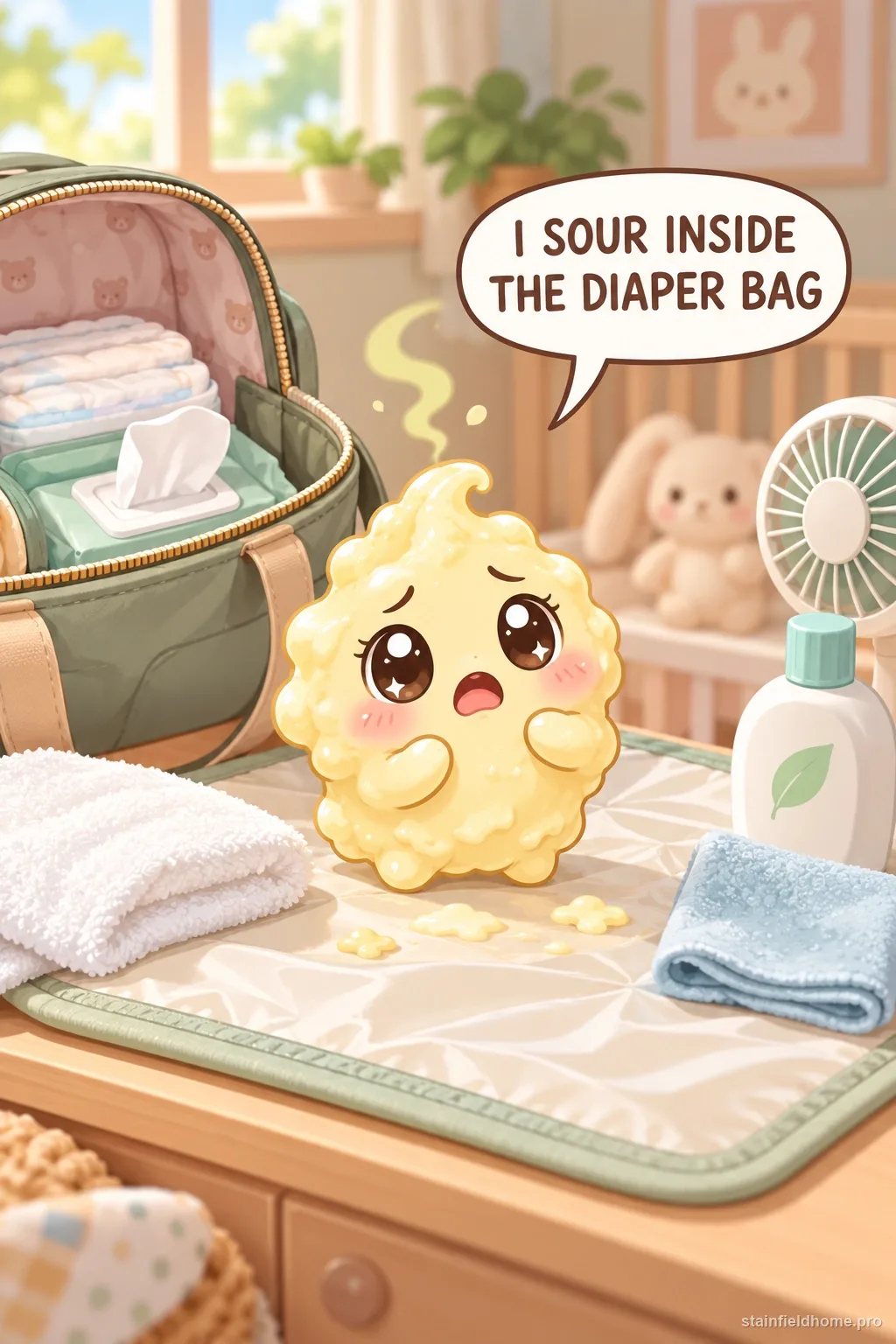 A chibi baby spit-up character in an illustrated scene about diaper bag.