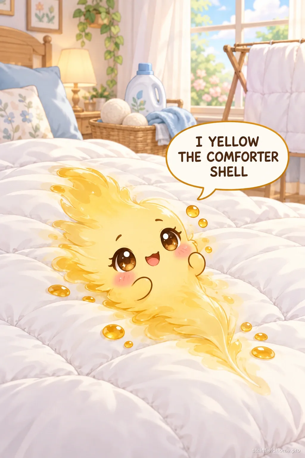 A chibi yellow sweat and body oil character in an illustrated scene about down comforter.