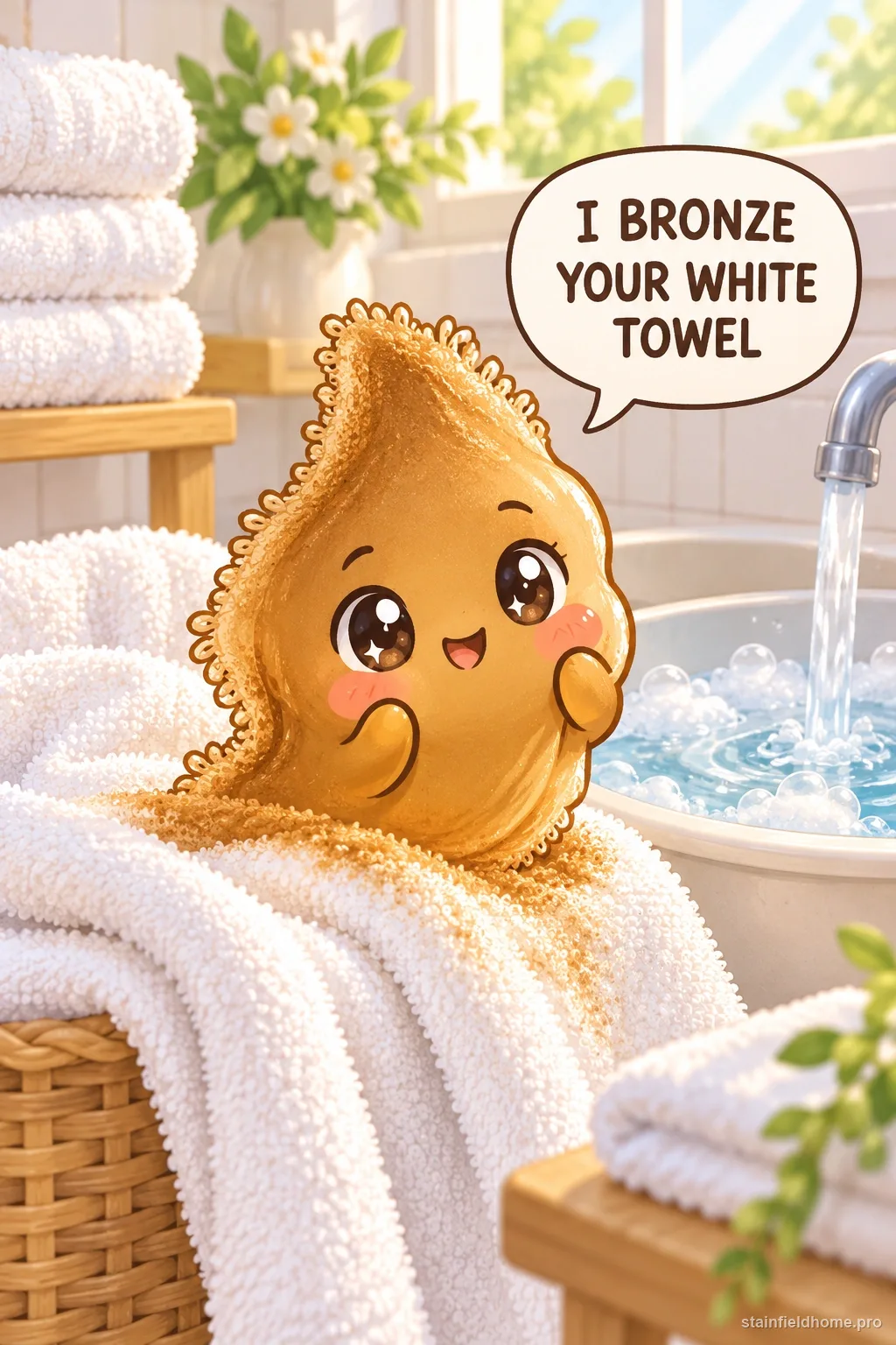 Streaky orange-brown self-tanner marks along the edge of a folded white cotton bath towel