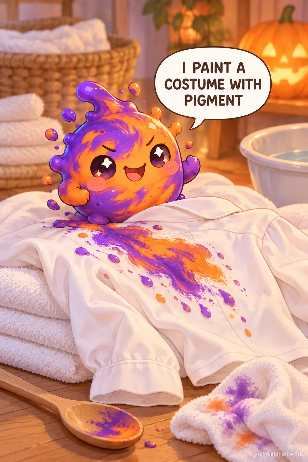 A chibi halloween face paint character in an illustrated scene about washable clothing.