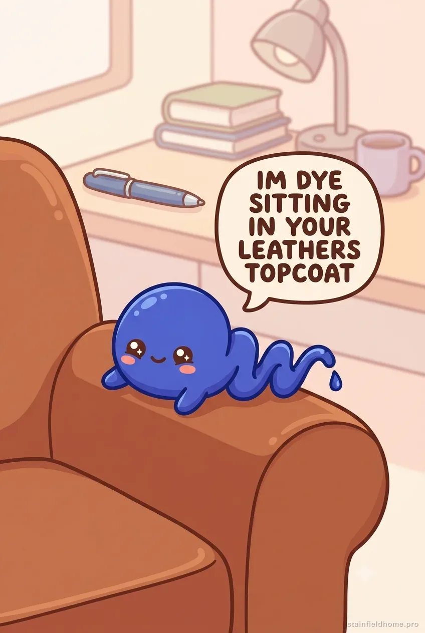 A cute cartoon blue ink-scribble character on a brown leather sofa arm in a chibi study