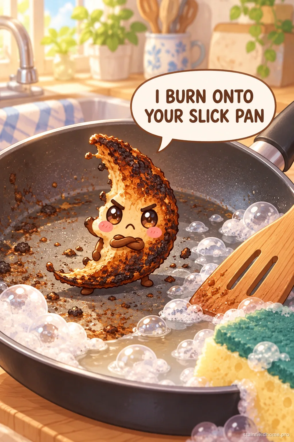 A chibi burnt-on food character in an illustrated scene about nonstick pan.