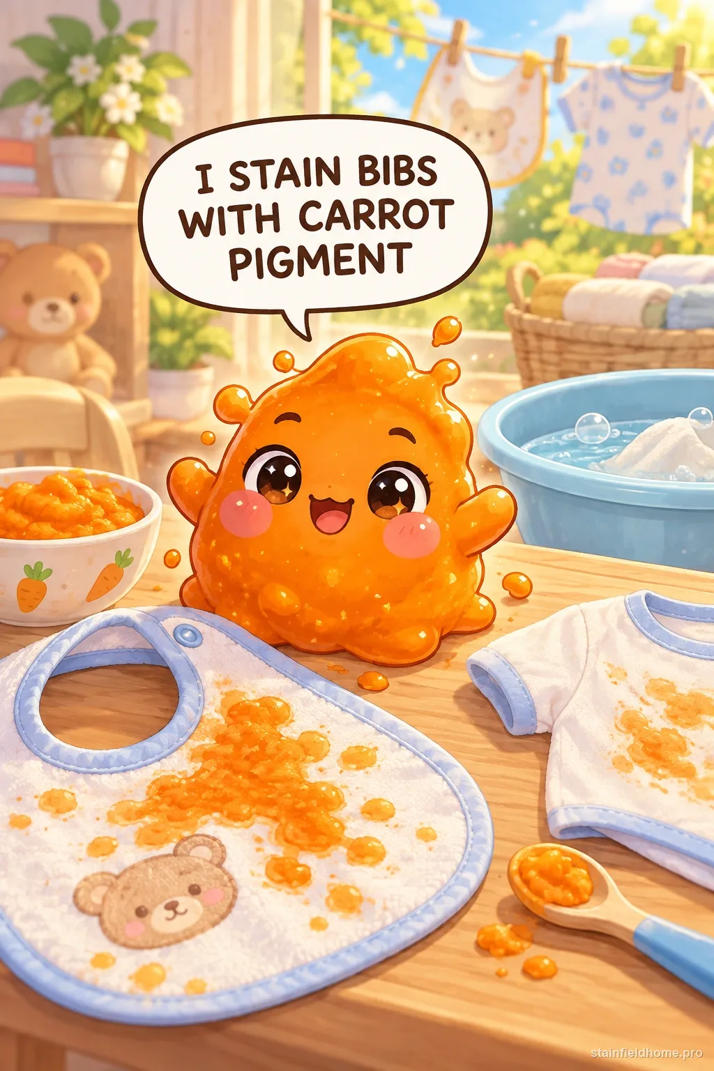 Bright orange carrot and sweet potato puree smeared across a white terry cloth baby bib
