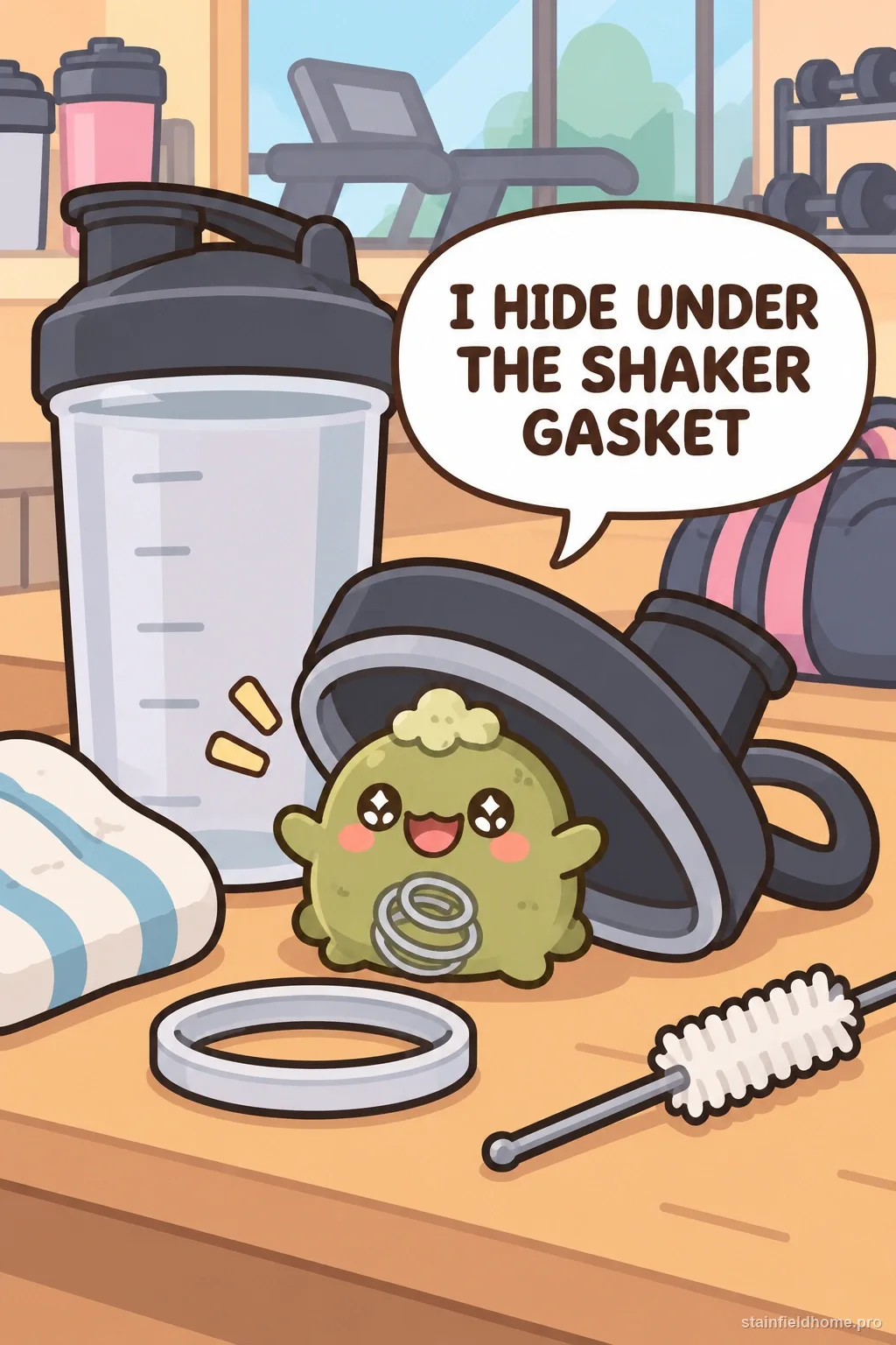 A moss-green protein-residue character hiding under the gasket of an open shaker bottle, with a speech bubble.