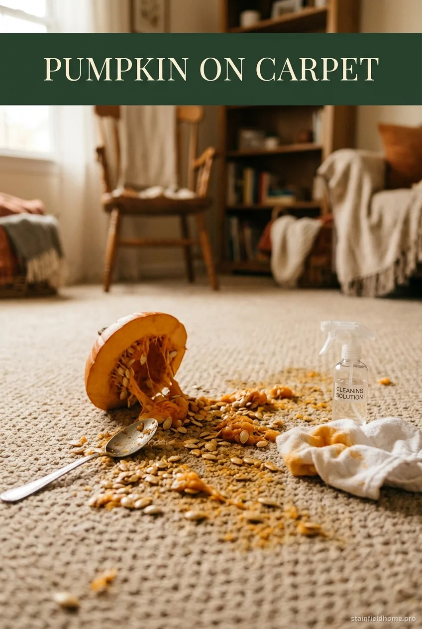 Orange pumpkin pulp and seeds spilled on a beige carpet near a carving station, with a spoon lifting the solid pieces and a spray bottle of cleaning solution nearby