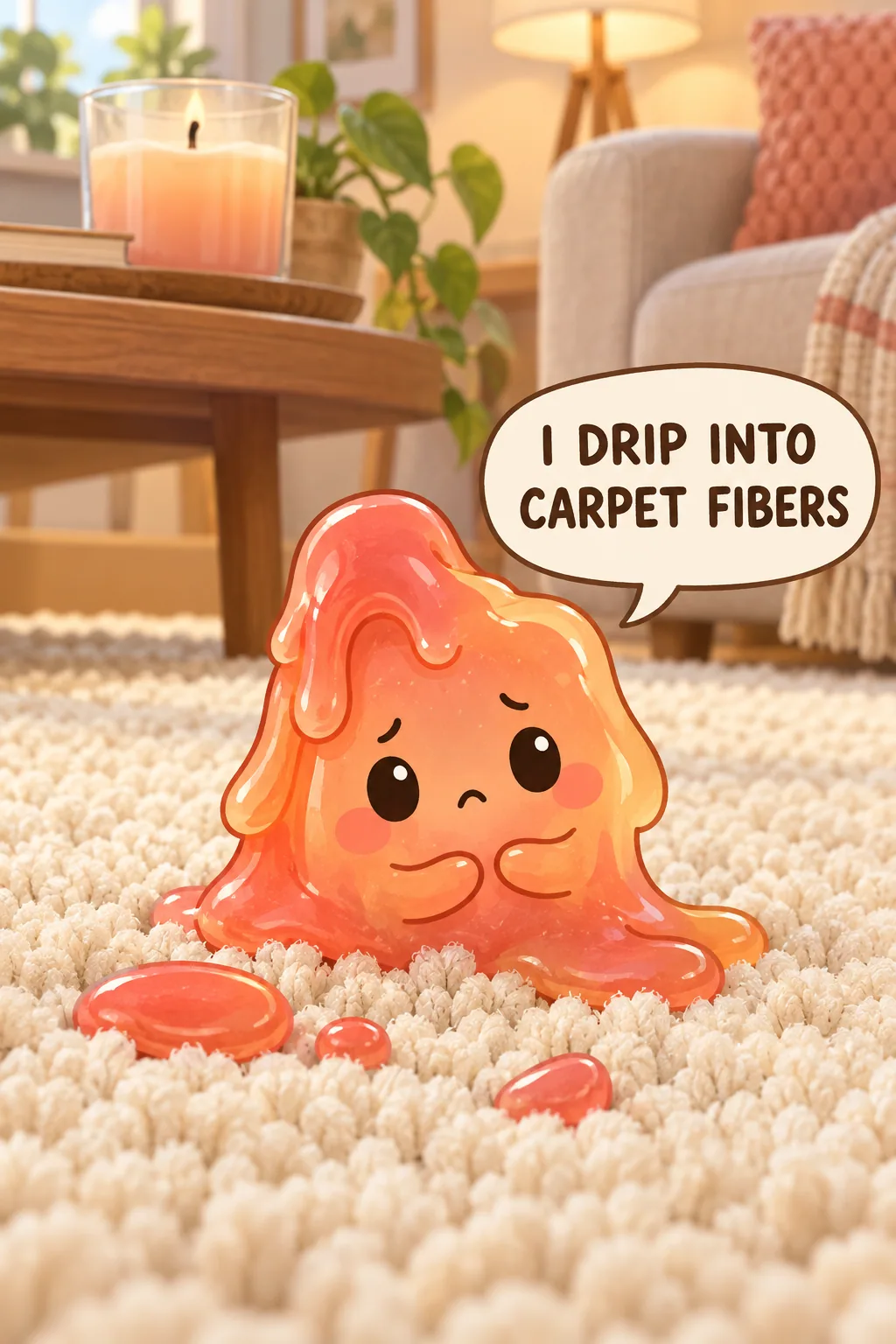A coral candle-wax character beside solid wax drops on a cream carpet in a softly illustrated living room