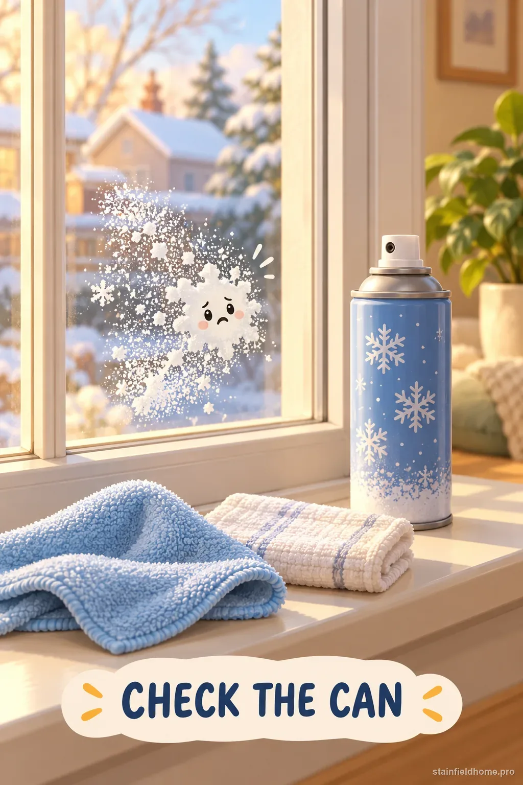 A pane with dried white holiday snow spray beside a soft cloth and product can