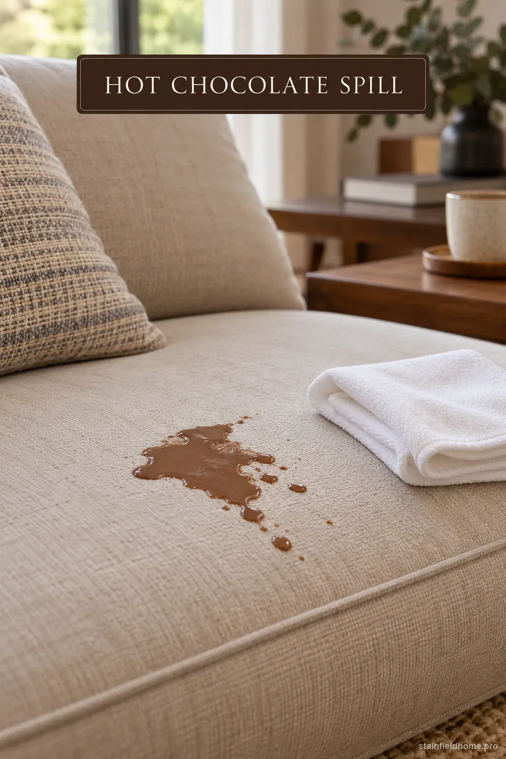 A small hot chocolate spill on neutral fabric upholstery beside a white cloth