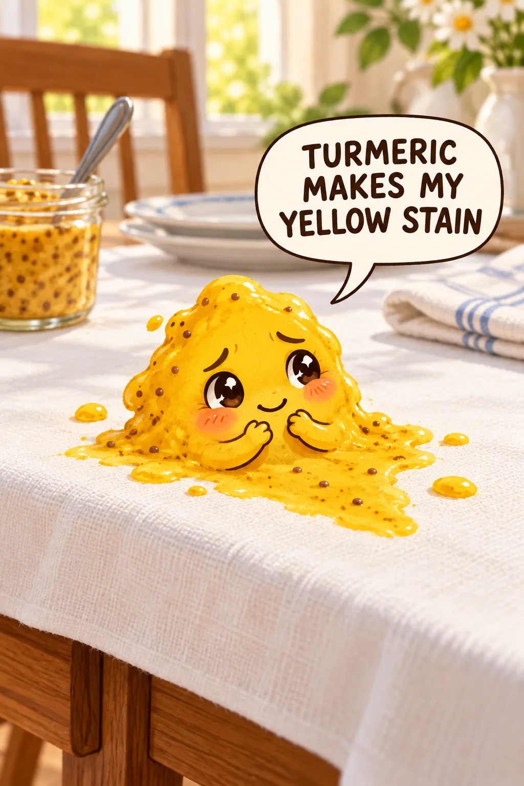A golden mustard character beside a yellow spot on a white cotton tablecloth in a softly illustrated dining room