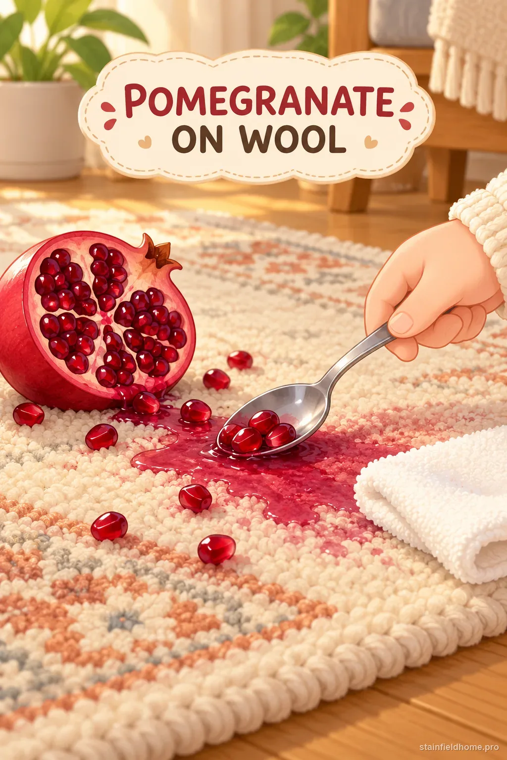 Pomegranate juice on pale wool carpet beside a white blotting cloth