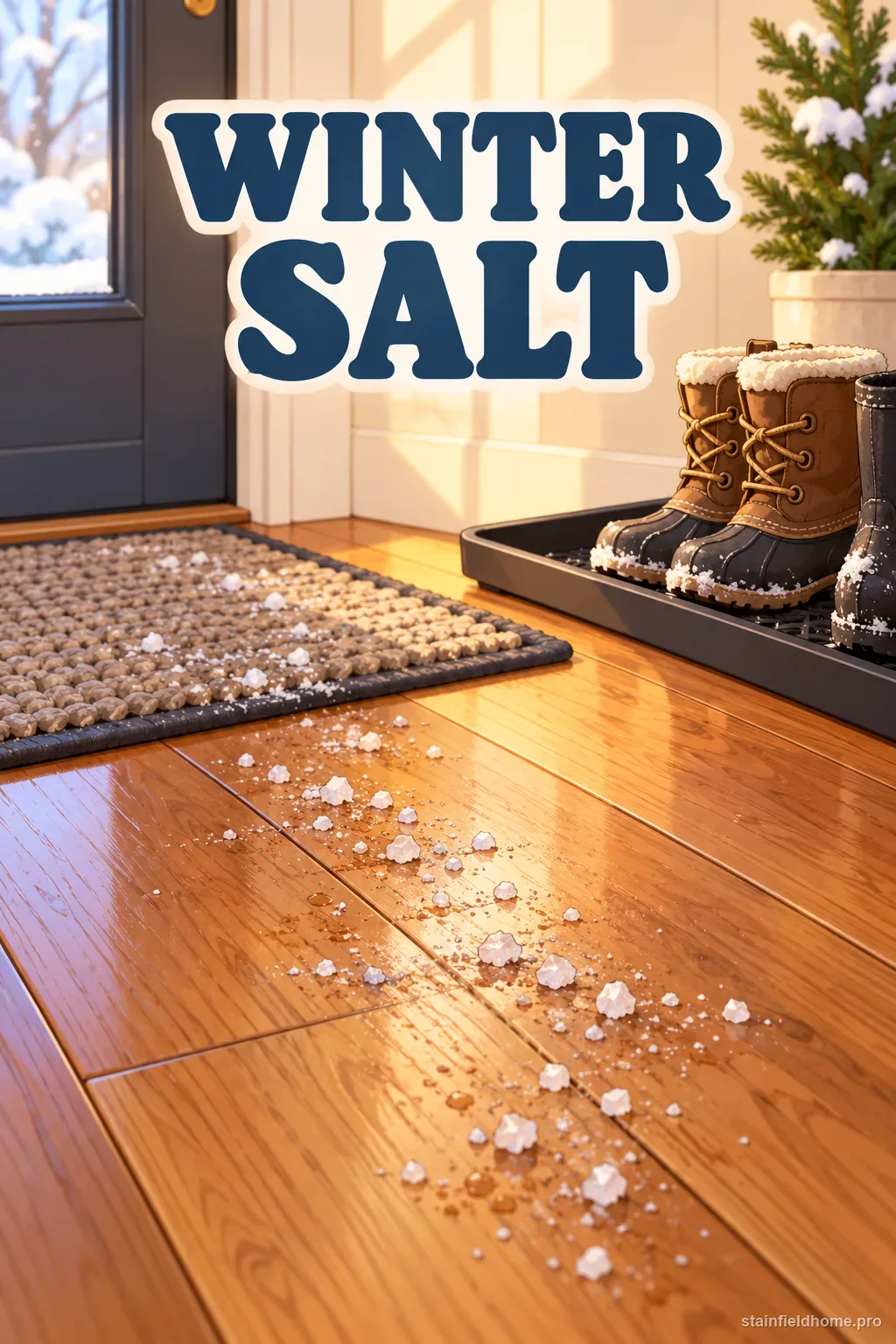 White winter salt crystals on a wood floor beside a dry microfiber cloth and entry mat