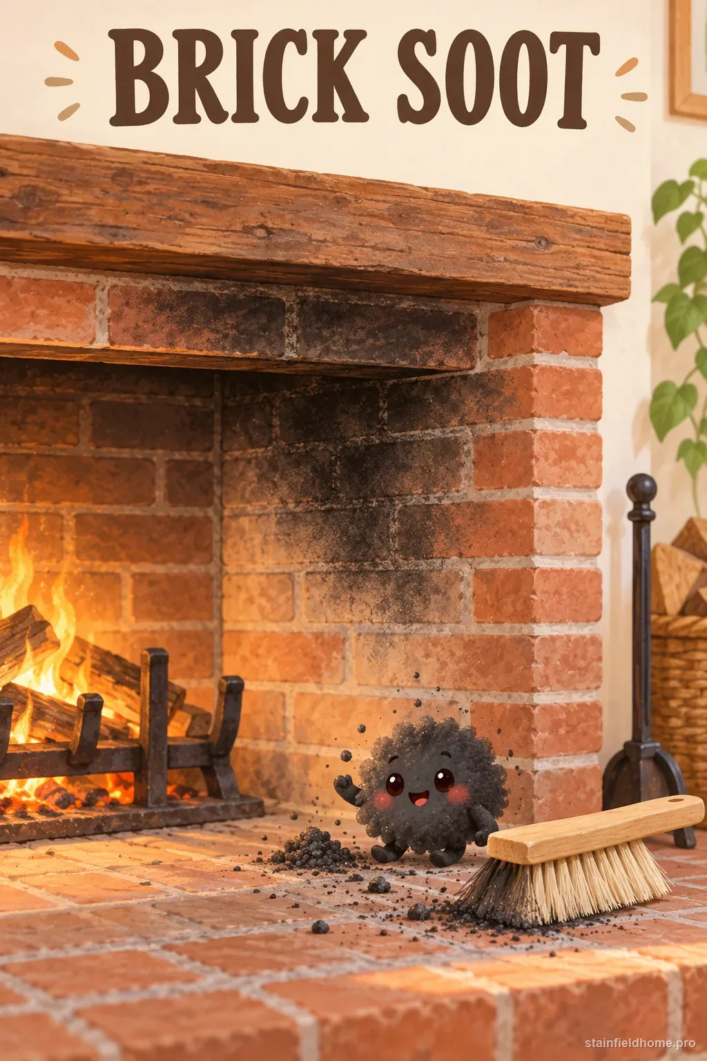 Warm brick fireplace with a light soot shadow and a dry soot sponge nearby