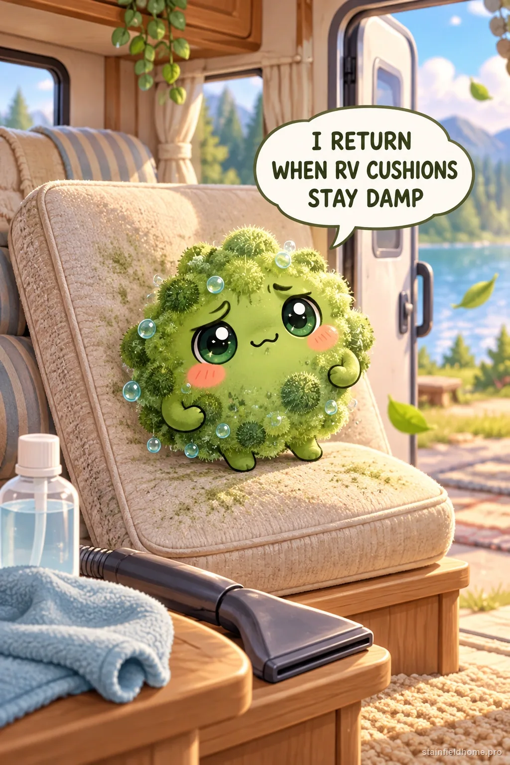 A chibi mildew character in an illustrated scene about rv or camper upholstery.