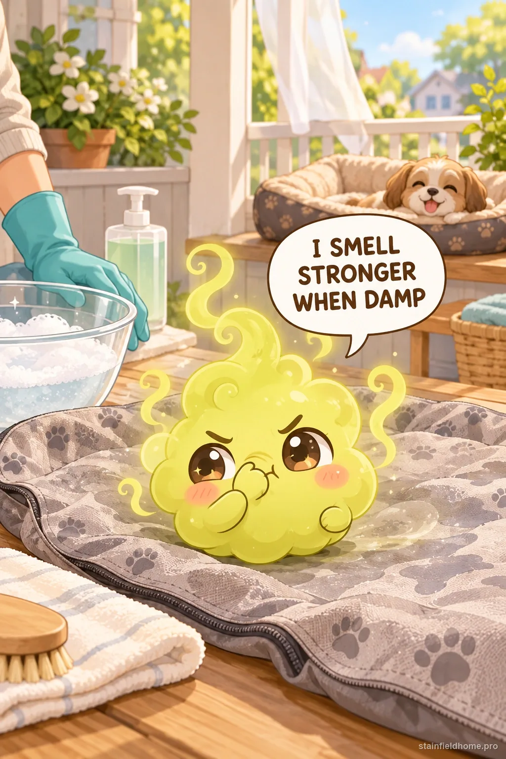 A chibi skunk spray odor character in an illustrated scene about washable dog bed.