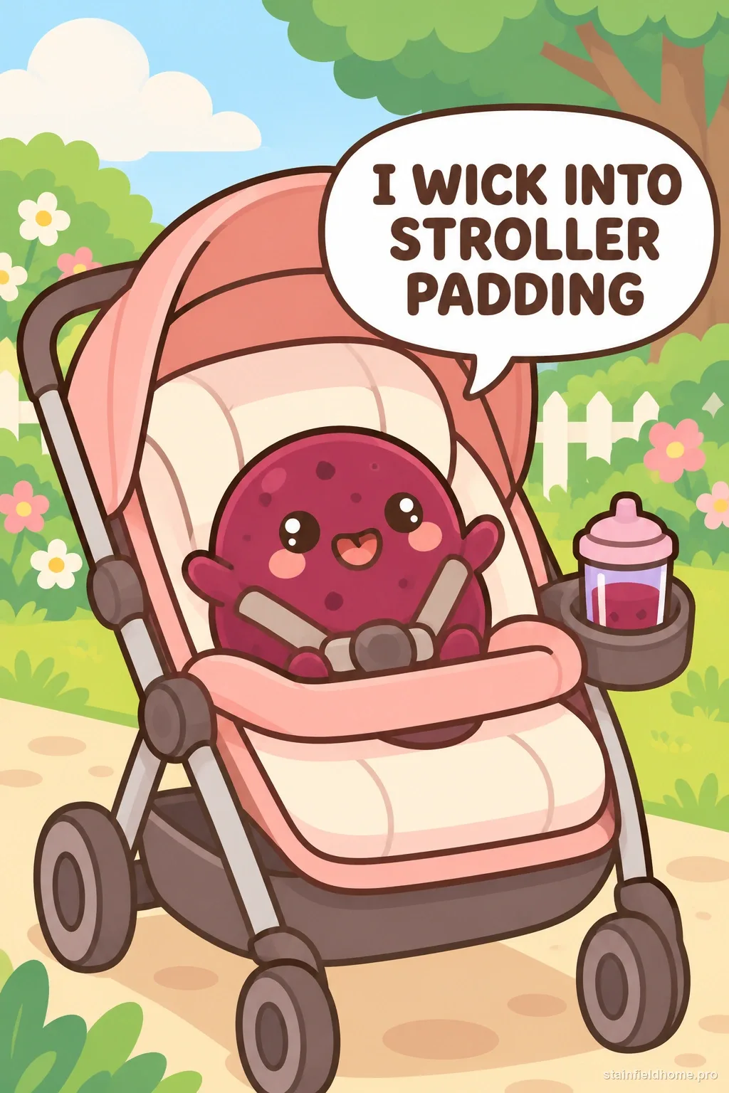 A ruby berry-juice character sitting in a pink stroller on a sunny garden path, with a speech bubble.