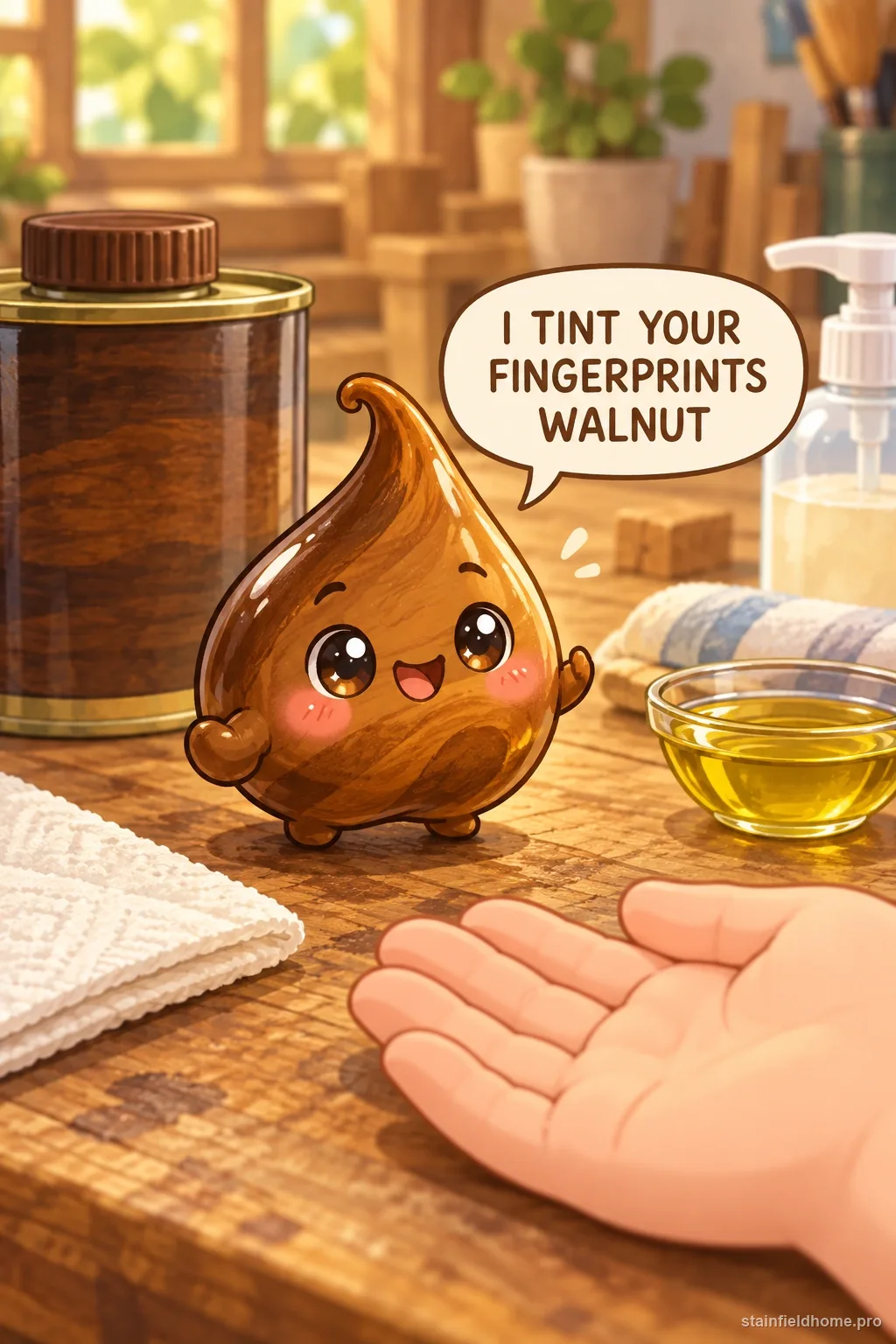 A brown wood-stain character tinting fingertips beside soap, olive oil, and a towel, with a speech bubble.