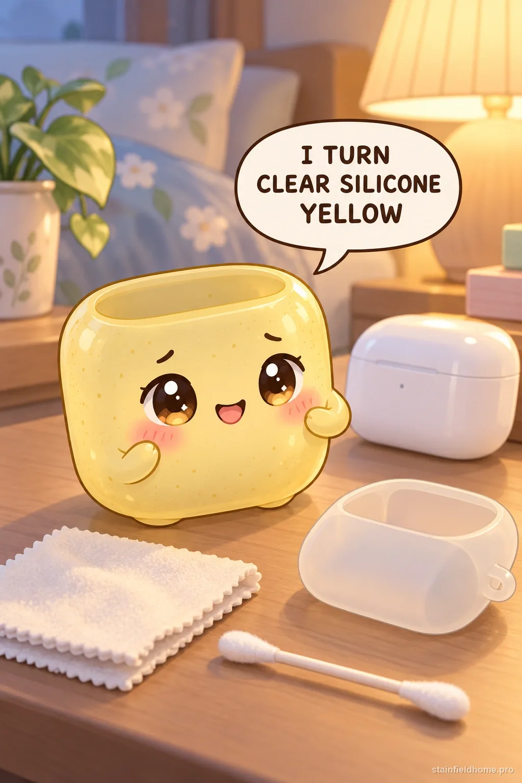 A yellow silicone earbud case character sitting beside a white charging case, with a speech bubble.
