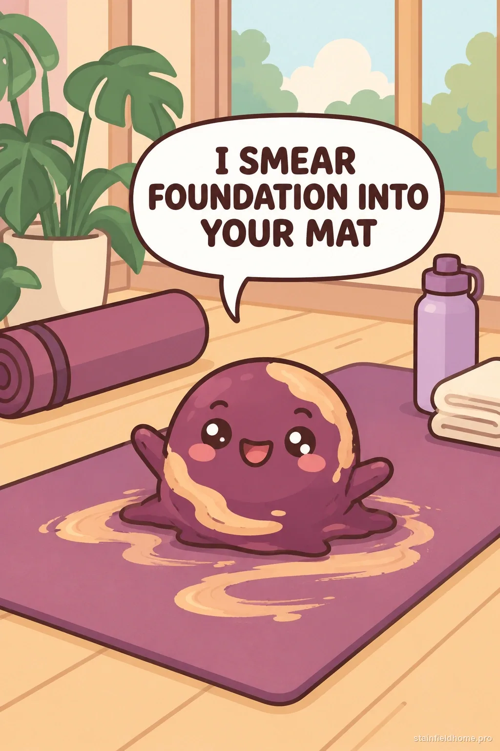 A plum-purple sweat-and-makeup character sitting on a yoga mat in a calm studio, with a speech bubble.